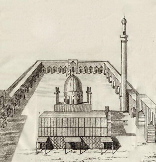 Husayn Mosque, Karbala, Iraq 1765: A drawing of the Imam Husayn Mosque by German explorer Carsten Niebuhr during his travels to the Middle East. He drew this illustration of the Im