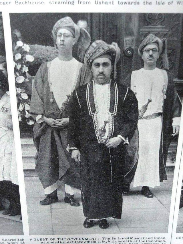Said bin Taimur in the United Kingdom - 1939: A picture of the 13th Sultan of Muscat and Oman, and the poet Hilal bin Badr (right) and Abd al-Mun'im al-Zawawi (left) before him