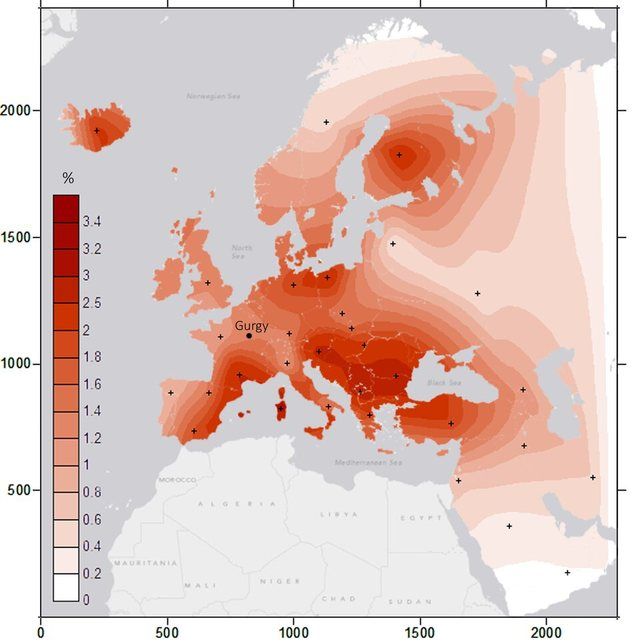 Gurgy les noisats S6 Fig: Map featuring the frequency distribution of informative haplotypes shared between Gurgy and modern populations