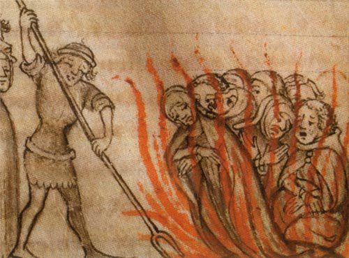 Templars being burned at the stake.label QS:Len,"Templars being burned at the stake."label QS:Lde,"Verbrennung von Templ: Illustration, anonyme Chronik, „Von der Schöpfung der Welt