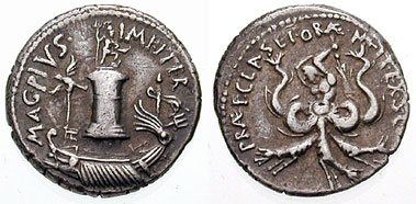 Denarius Sextus Pompeius-Scilla: Sextus Pompeius. 42-40 BC. AR Denarius (3.50 gm). MAG PIVS IMP ITER, galley adorned with aquila, sceptre and trident before the Colonna Rhegina, de