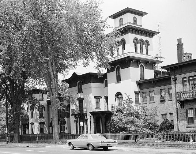 Armsmear (Hartford, CT): Photograph of 'Armsmear' (Samuel Colt's House) — in Hartford, Connecticut. This is an oblique view of the front facade. 1967 photo from the HABS—Historic A