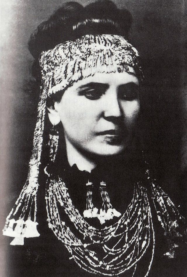 Sophia Schliemann wearing Treasure A, Troy: Heinrich Schliemann's wife, Sophia, wearing gold jewelry from Treasure A, ca 1873