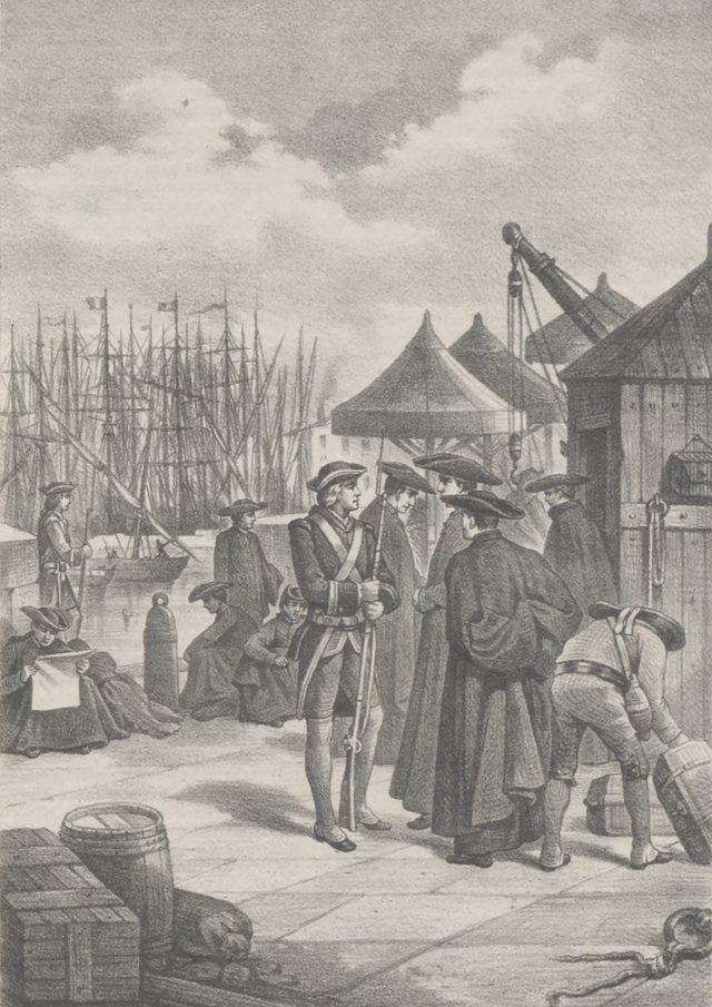 Expulsion of the Jesuits from Spain, 1767: Depiction of the embarkation of the Jesuits in Cartagena (Spain), bound for the Papal States in compliance with the expulsion order issue