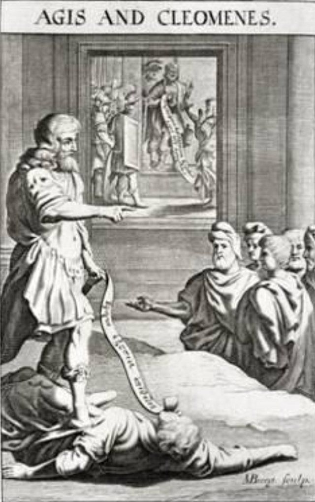 Kings Agis and Cleomenes: Engraving which accompanied Plutarch's Lives of Agis IV and Cleomenes III, in volume 4 of the John Dryden edition published 1711. The speech scroll in the