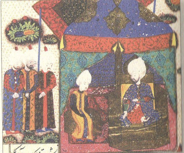 Şehzade Bayezid: Sultan Suleiman the Magnicifient (d. 1566) and he son Bayezid (d. 1561) a miniature.