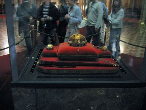 Hungarian Crown Regalia: The Crown, Sword, and Scepter within the Hungarian Parliament Building (Országház) Budapest, Hungary