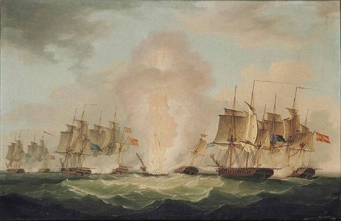 The blowing up of the Spanish Frigate Mercedes at the Battle of Cape Santa Maria, 1804label QS:Len,"The blowing up of th: The blowing up of the Spanish Frigate Mercedes at the Batt