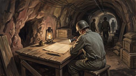 AI illustration: A bank transfer order on a field desk inside the Malinta Tunnel, Corregidor, 1942