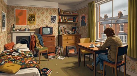 AI illustration: A bedsit room in Pimlico, London, 1976