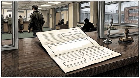 AI illustration: A blank official certificate form with ruled boxes, one box left empty, on a registry office counter, England, 1990s, all lines blank with no writing