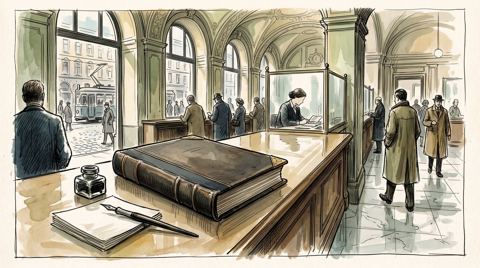 AI illustration: A closed account ledger on the counter of a Zurich bank, 1998