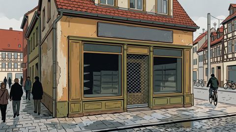AI illustration: A closed drugstore with empty shelves in a German town, 2012