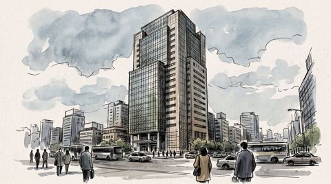 AI illustration: A corporate headquarters tower in Seoul, 2003