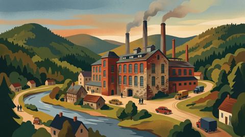 AI illustration: A cotton textile mill in the Vosges, France, 1970s