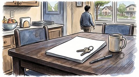AI illustration: A family trust document on a kitchen table in a Chicago suburb, 2009
