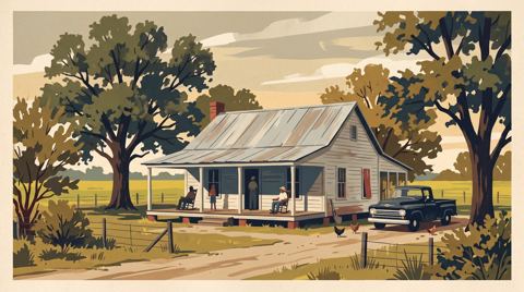 AI illustration: A farmhouse in Rapides Parish, Louisiana, late 1960s