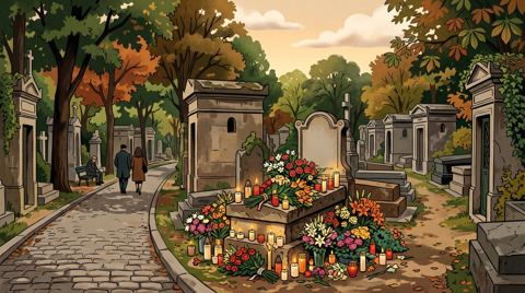 AI illustration: A grave covered in flowers and candles among the tombs of Père Lachaise cemetery, Paris, one single continuous view