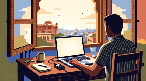 AI illustration: A laptop and a hardware wallet on a hotel desk in Jaipur, 2018