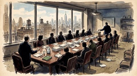 AI illustration: A long boardroom table with ballot papers, New York, 2007