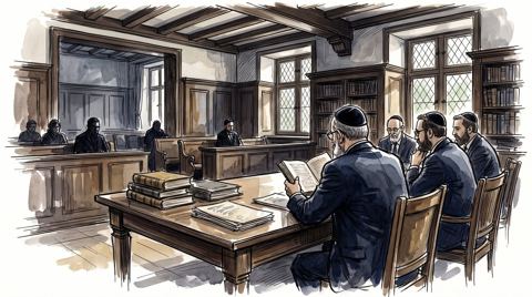 AI illustration: A long table in a rabbinical court room in Zurich, 1999