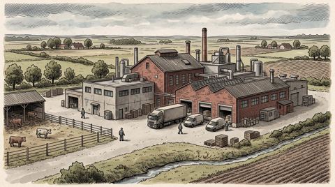 AI illustration: A meat-packing plant in the flat farmland of Westphalia, 1990s