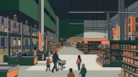 AI illustration: A Milan supermarket at closing time, 2016