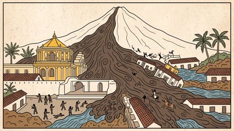 AI illustration: A mudflow from the Volcán de Agua sweeps over Santiago de los Caballeros, Guatemala, September 1541