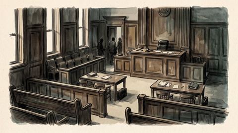 AI illustration: A New York divorce courtroom, empty, late 1990s