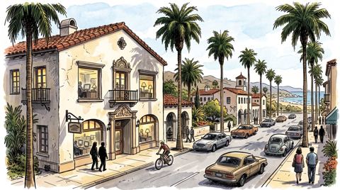AI illustration: A newspaper office on a palm-lined street in Santa Barbara, California