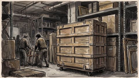 AI illustration: A painting crated and sealed in a New York museum storeroom, 1998