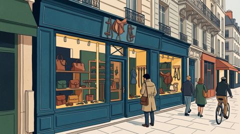 AI illustration: A Paris saddler's shop front on the Rue du Faubourg Saint-Honoré, 2010