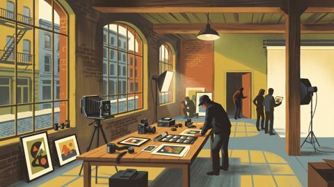 AI illustration: A photographer's loft on Bond Street, New York, with prints and a camera on a long table, 1989