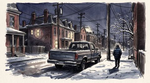 AI illustration: A pickup truck parked overnight on a Pittsburgh street in winter, late 1990s