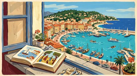AI illustration: A picture book left open on a windowsill above the harbour at Nice, 1952