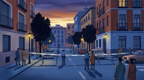 AI illustration: A police cordon on a Madrid street at dawn, 1986