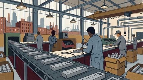 AI illustration: A power strip assembly line in a Chicago factory