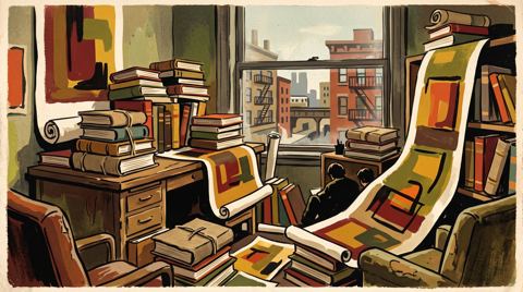 AI illustration: A rented room on Webster Avenue, Chicago, piled with handmade books and painted scrolls, 1973