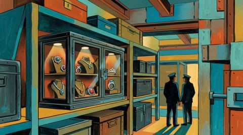 AI illustration: A sealed case of royal jewels on a shelf in a Bank of Italy vault, Rome