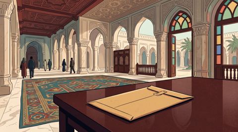 AI illustration: A sealed envelope on a table in a palace hall in Muscat, 2020