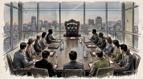 AI illustration: A Seoul boardroom with an empty chairman's chair, 2009