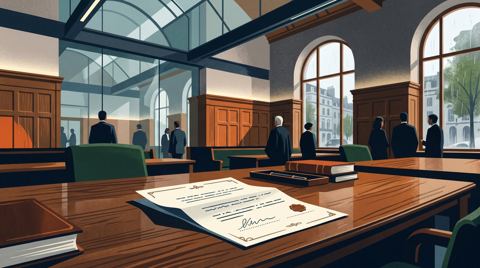 AI illustration: A signed prenuptial agreement on a table in the UK Supreme Court, 2010