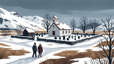 AI illustration: A small churchyard at Laugardælir, Iceland, in winter light, 2010