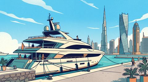AI illustration: A superyacht moored in Dubai, 2016