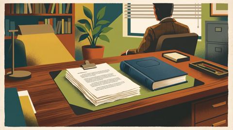 AI illustration: A typed will beside a hardback memoir on a writing desk, 1989
