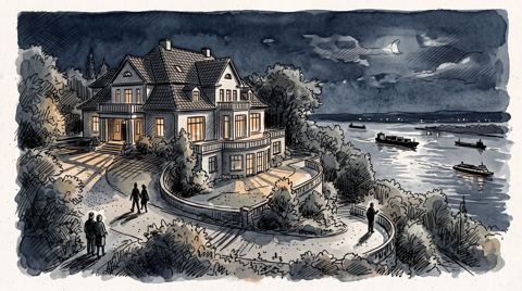 AI illustration: A villa in Hamburg-Blankenese at night, 1996