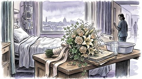 AI illustration: A wedding bouquet on a hospital bedside table in Washington, D.C., 2004