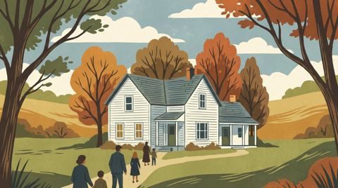 AI illustration: A white clapboard farmhouse among trees in Ridgefield, Connecticut, 2012