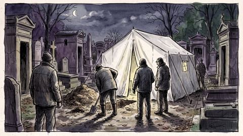 AI illustration: A white exhumation tent among the graves of Père Lachaise cemetery at night, 1998