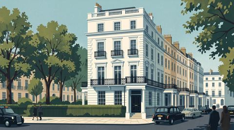 AI illustration: A white stucco townhouse on Cadogan Place, Belgravia, London, 2012